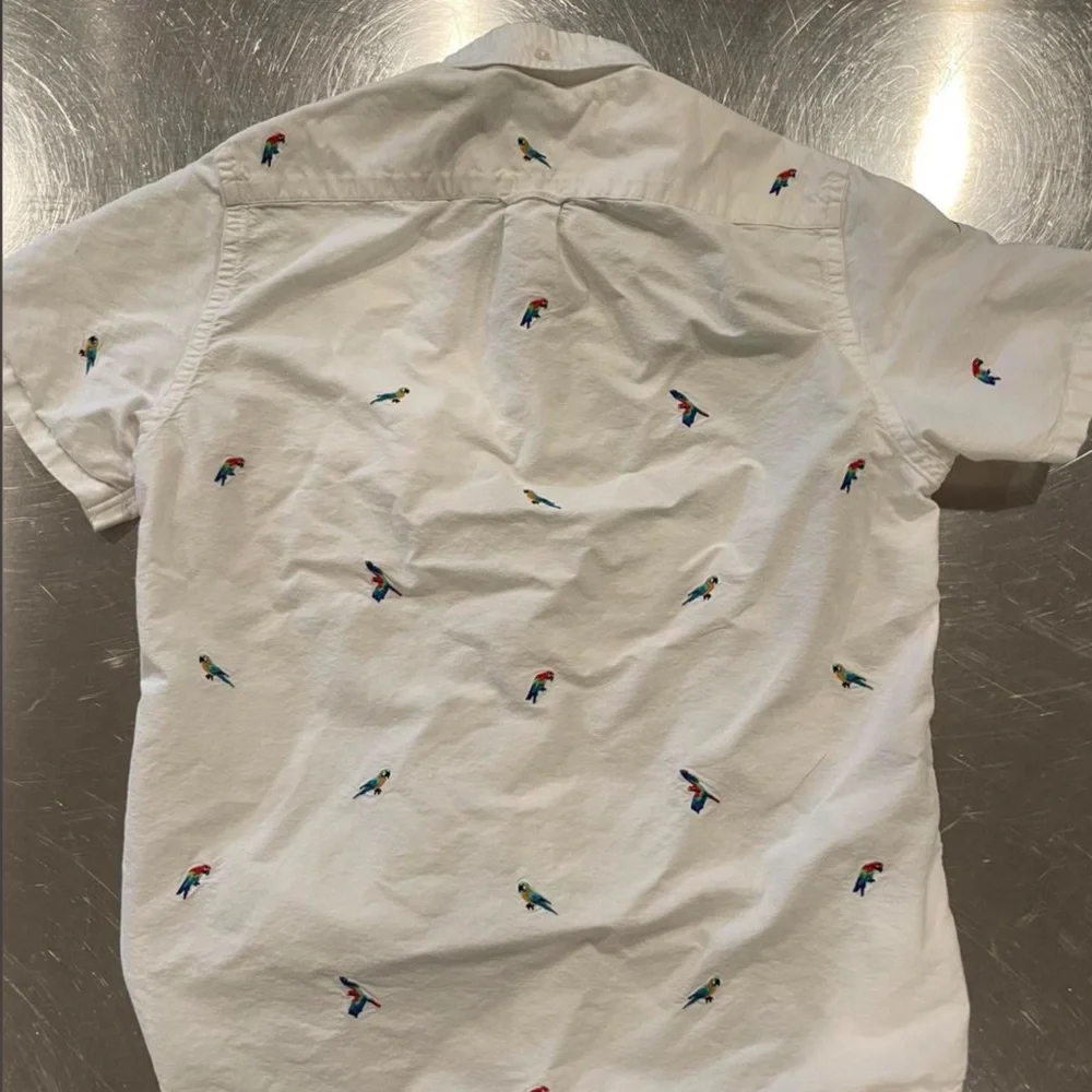 J. Crew White Short-Sleeve Button-Down Shirt with Parrot Embroidery